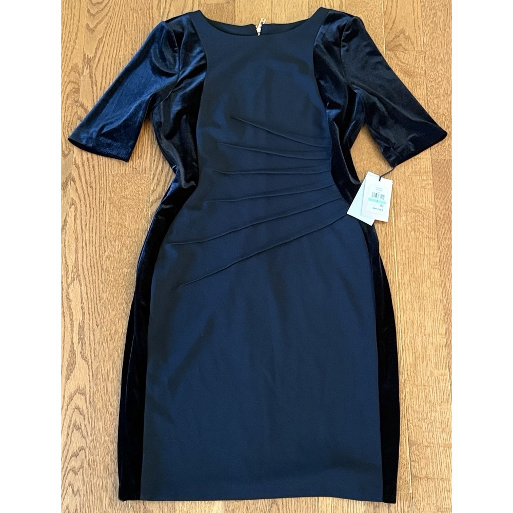 NWT Ivanka Trump Women's 8 Black Satin Stretch Pleated Round Neck Zip Dress